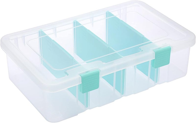 BTSKY Clear Plastic Dividing Storage Box with 4 Compartments Adjustable Storage Bin with Lid Plastic Craft Storage Container Multipurpose Sewing Box Art Supply Organizer, 13.3x8.1x3.4 Inches - Image 1